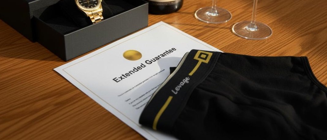 extended guarantee certificate, champagne bottle, glasses and Rolex watch