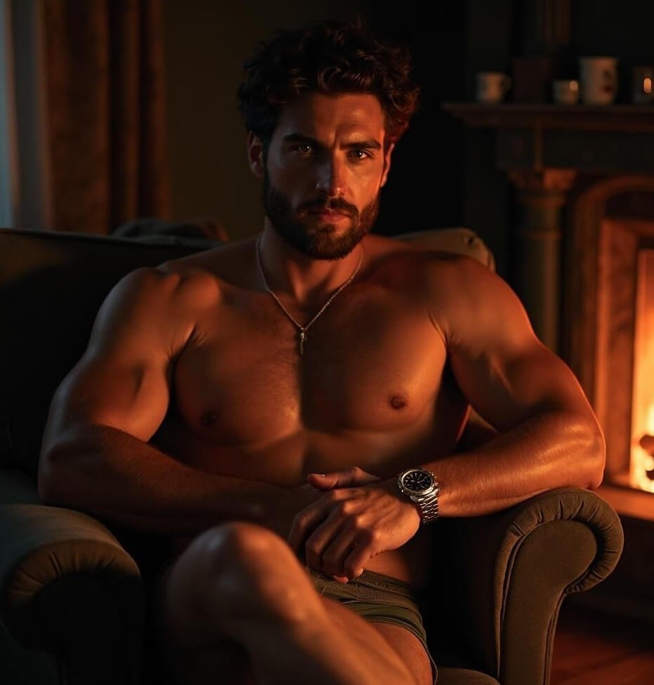 man relaxing by fire with legs crossed